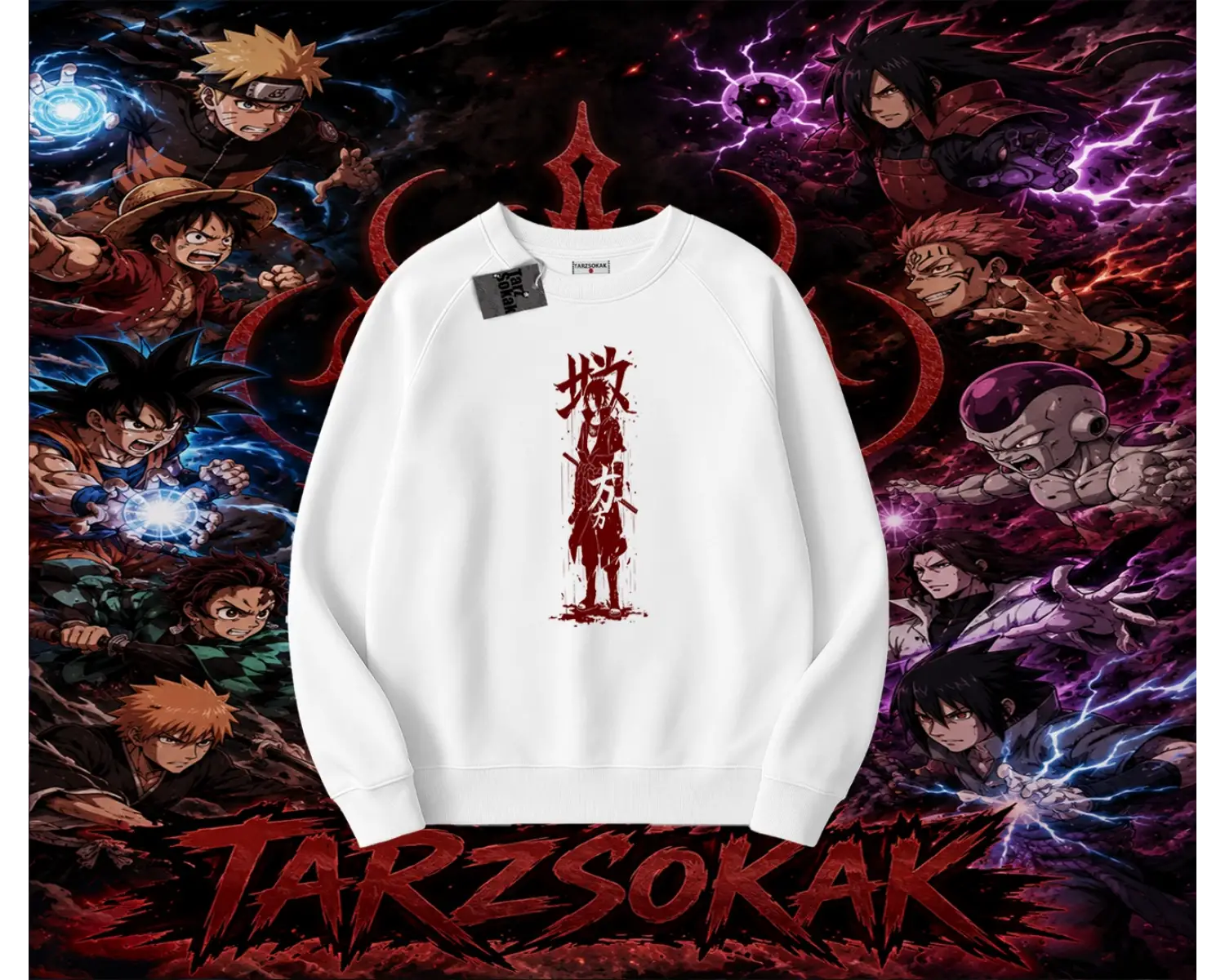 Sasuke uchiha Naruto Anime Karakter Oversize Unisex Bisiklet Yaka Sweatshirt Beyaz