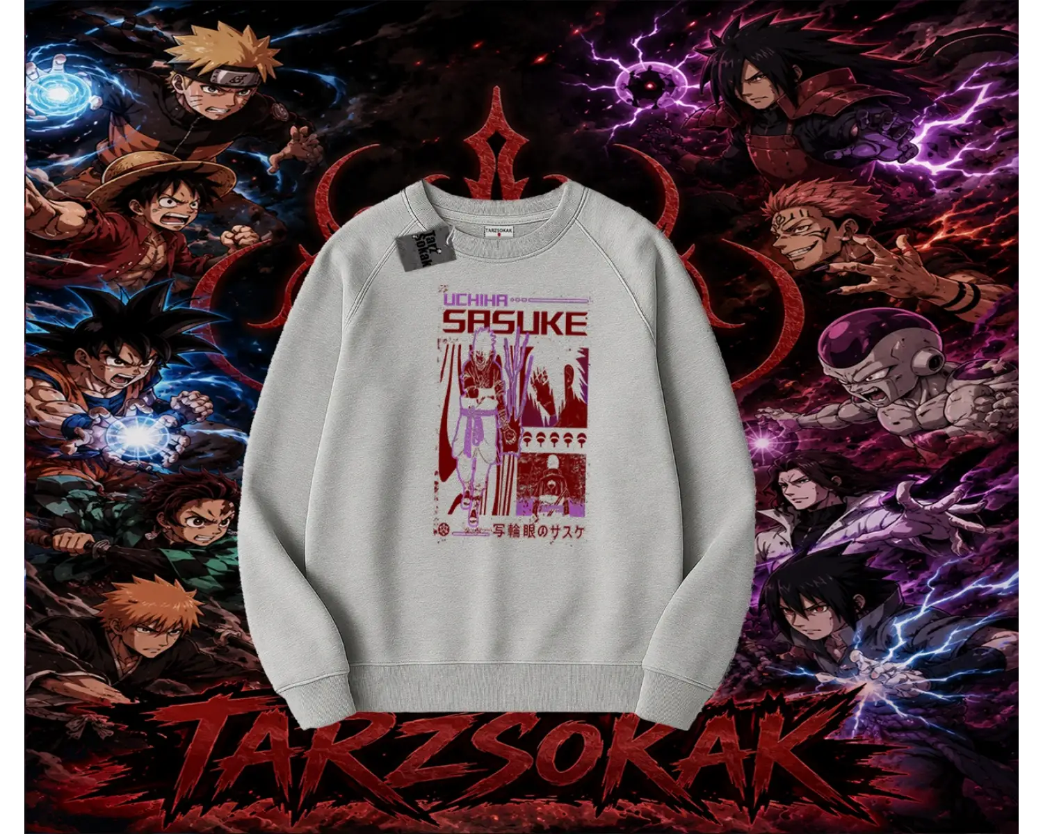 Sasuke uchiha Naruto Anime Karakter Oversize Unisex Bisiklet Yaka Sweatshirt Beyaz