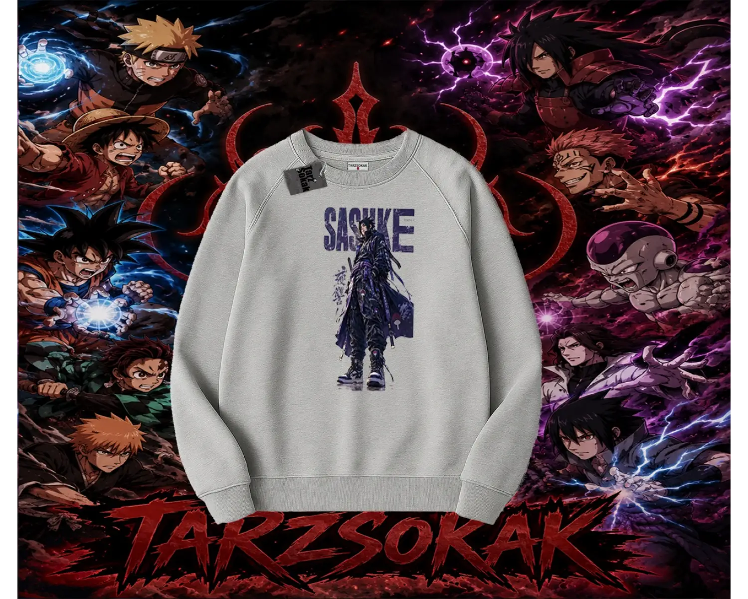 Sasuke uchiha Naruto Anime Karakter Oversize Unisex Bisiklet Yaka Sweatshirt Beyaz