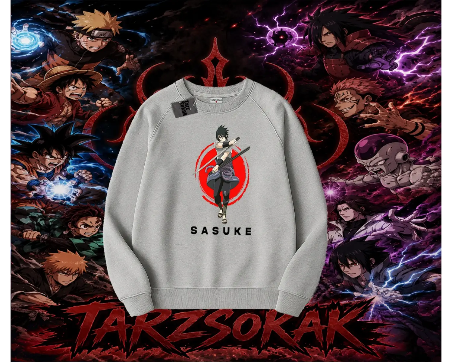 Sasuke uchiha Naruto Anime Karakter Oversize Unisex Bisiklet Yaka Sweatshirt Beyaz