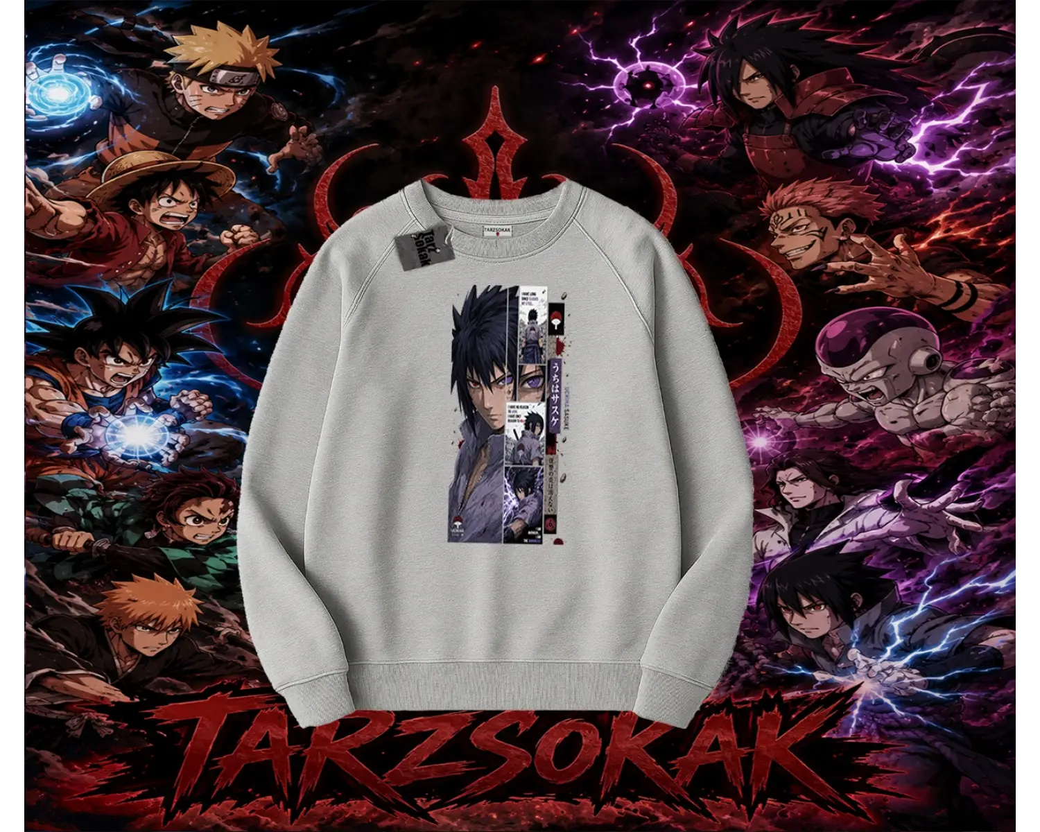 Sasuke uchiha Naruto Anime Karakter Oversize Unisex Bisiklet Yaka Sweatshirt Beyaz