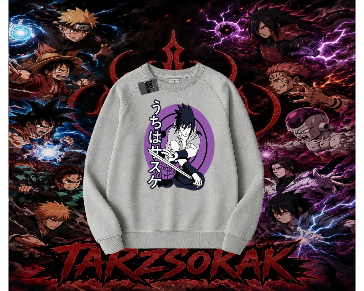 Sasuke uchiha Naruto Anime Karakter Oversize Unisex Bisiklet Yaka Sweatshirt Beyaz