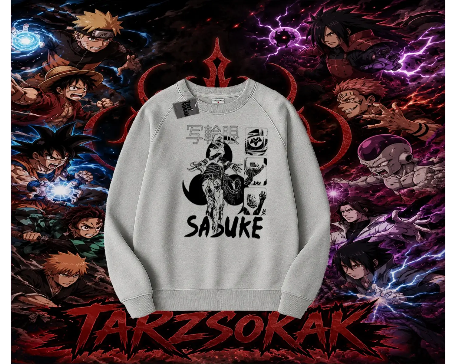 Sasuke uchiha Naruto Anime Karakter Oversize Unisex Bisiklet Yaka Sweatshirt Beyaz
