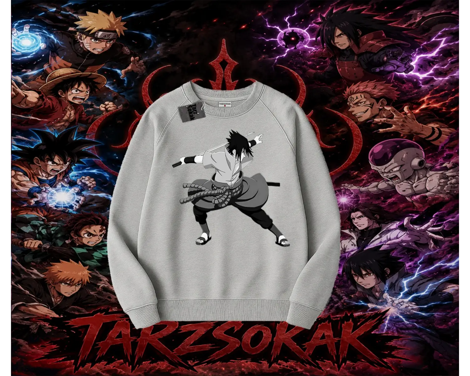 Sasuke uchiha Naruto Anime Karakter Oversize Unisex Bisiklet Yaka Sweatshirt Beyaz