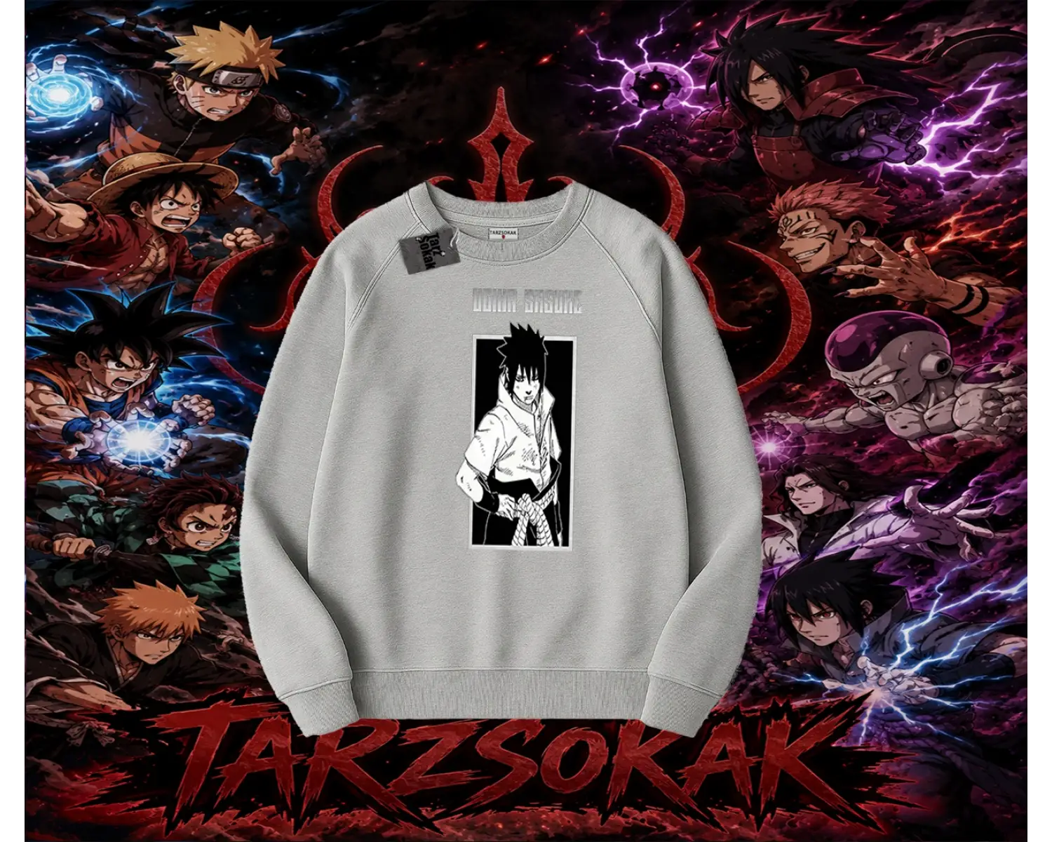 Sasuke uchiha Naruto Anime Karakter Oversize Unisex Bisiklet Yaka Sweatshirt Beyaz