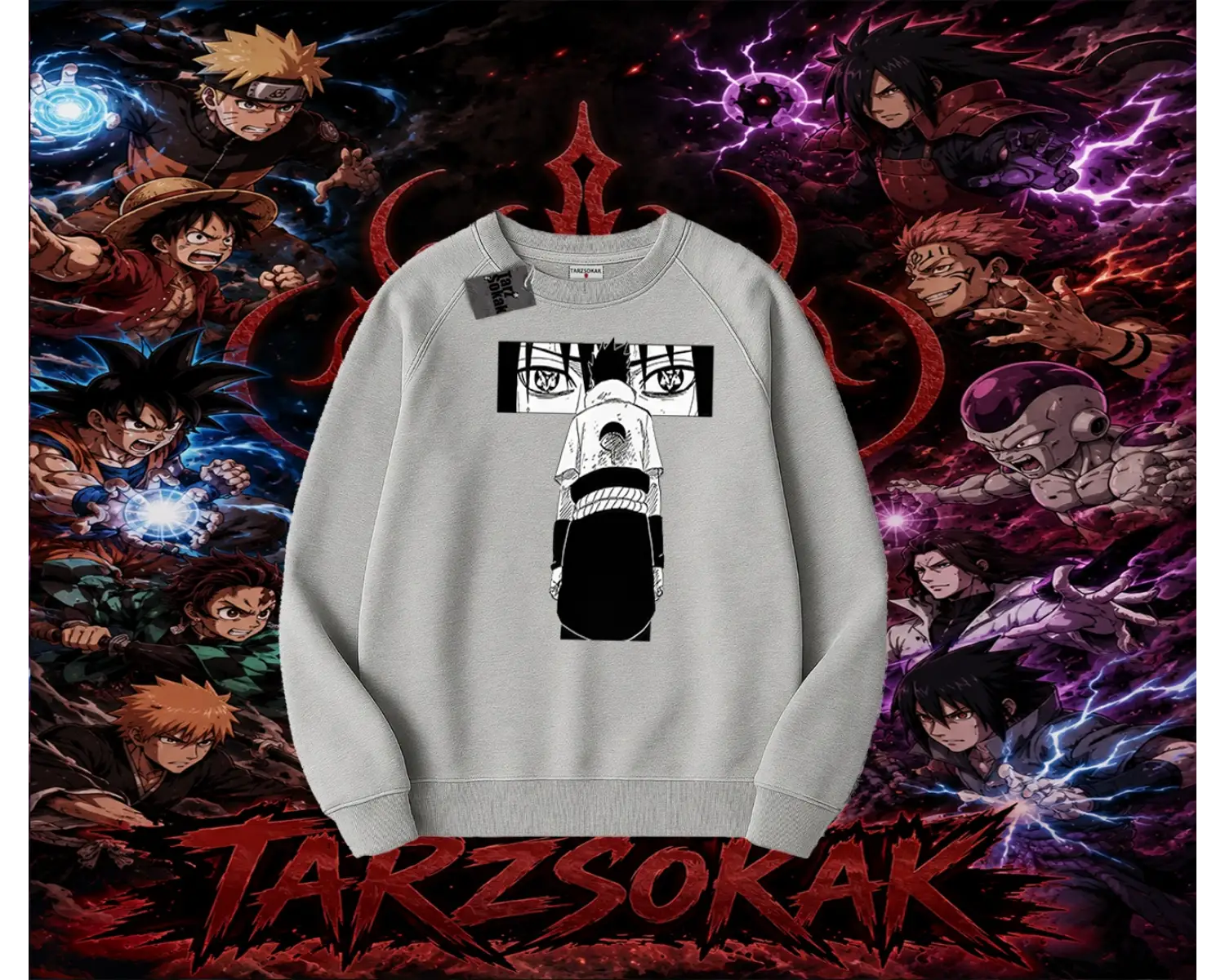 Sasuke uchiha Naruto Anime Karakter Oversize Unisex Bisiklet Yaka Sweatshirt Beyaz