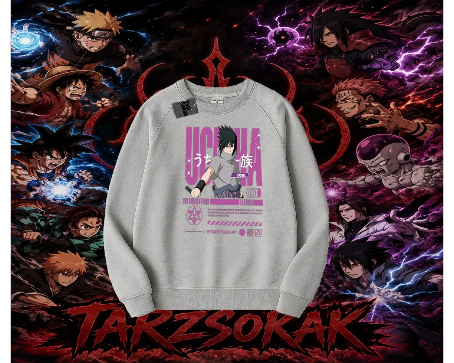 Sasuke uchiha Naruto Anime Karakter Oversize Unisex Bisiklet Yaka Sweatshirt Beyaz