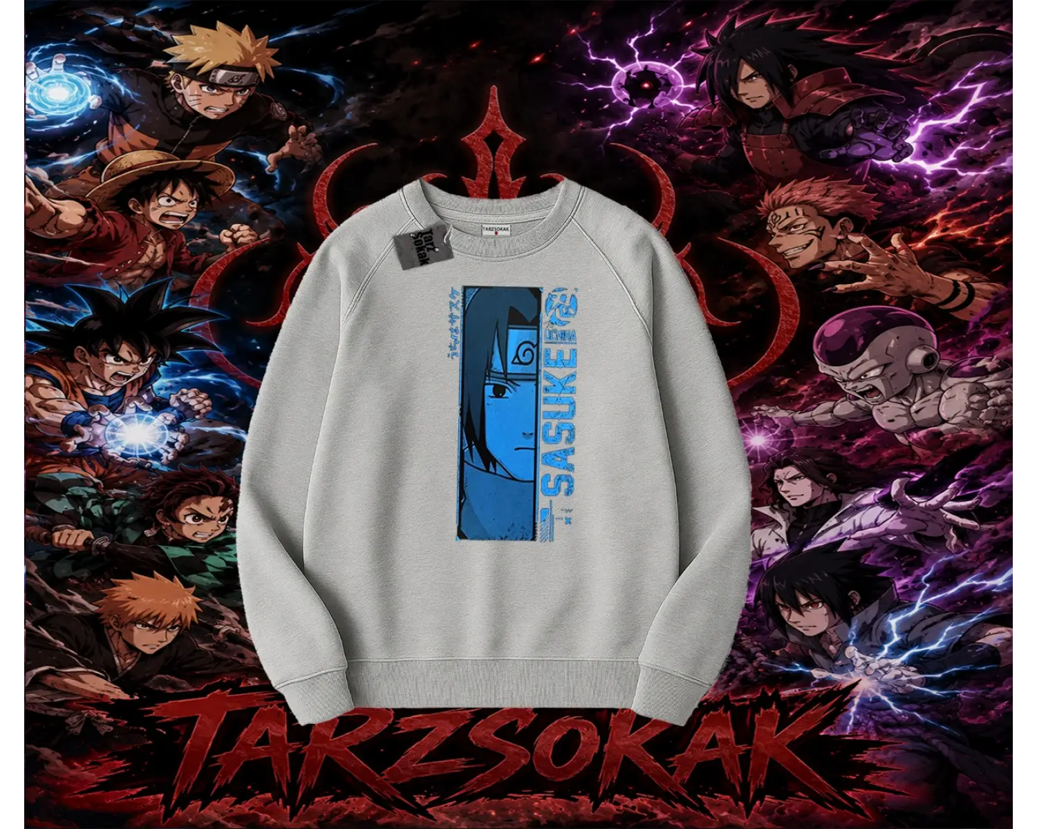Sasuke uchiha Naruto Anime Karakter Oversize Unisex Bisiklet Yaka Sweatshirt Beyaz