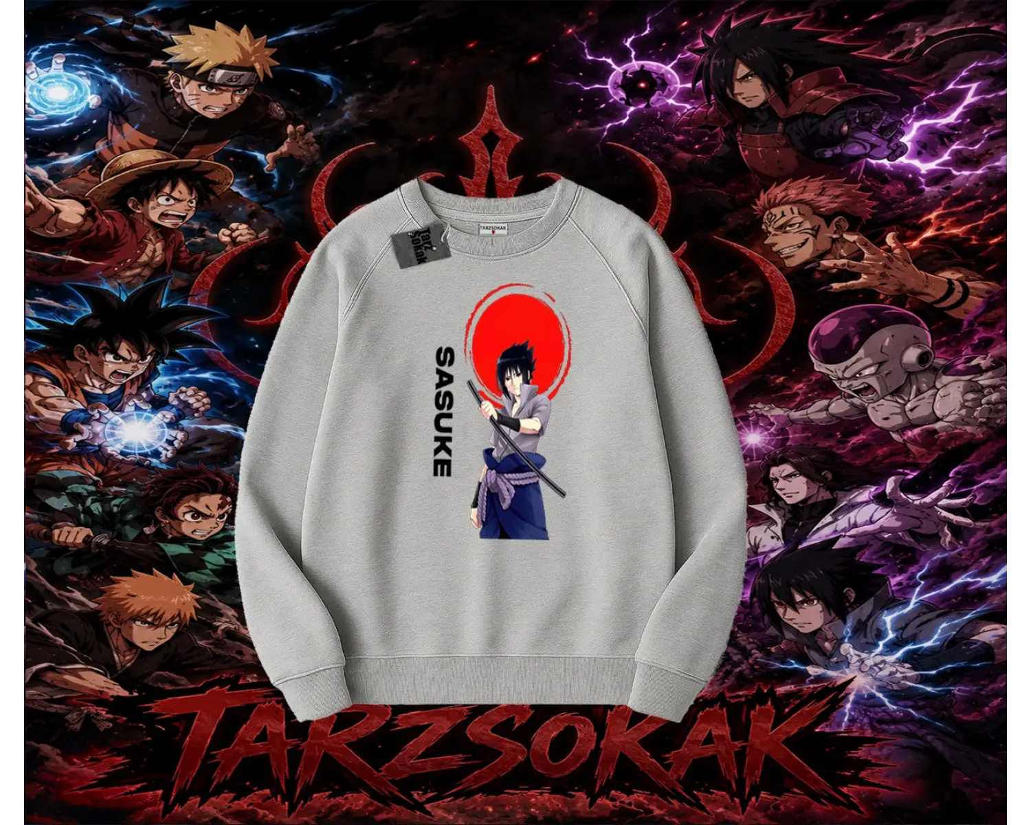 Sasuke uchiha Naruto Anime Karakter Oversize Unisex Bisiklet Yaka Sweatshirt Beyaz