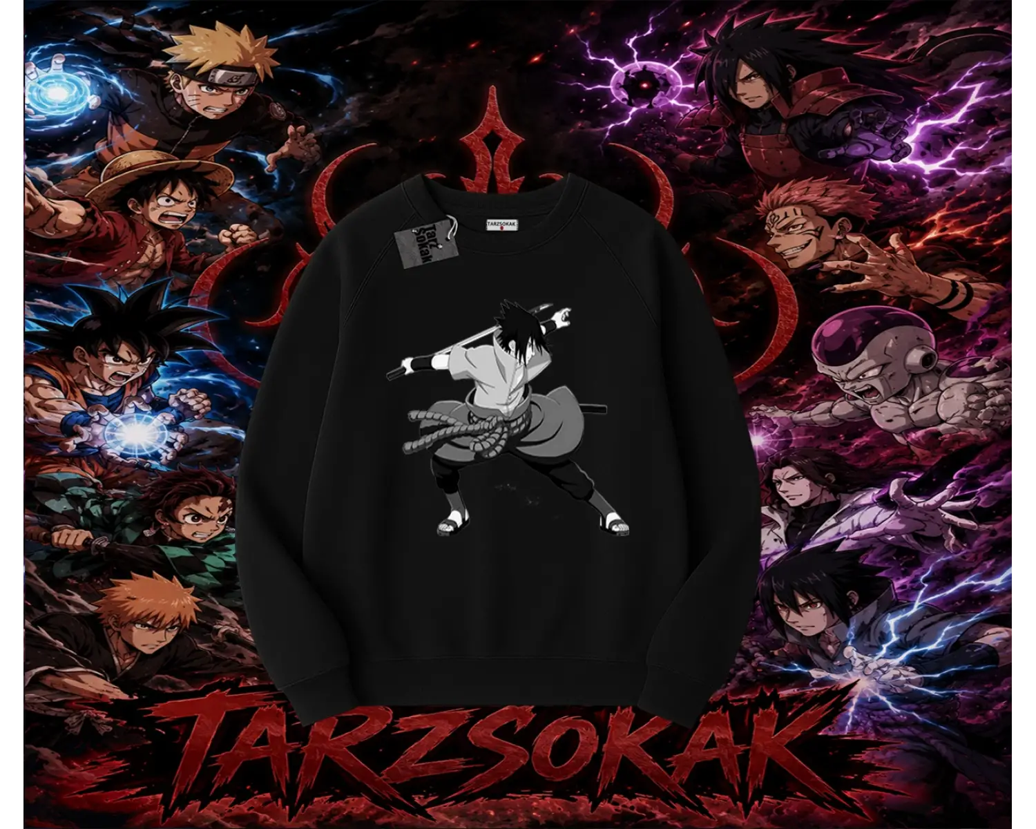 Sasuke uchiha Naruto Anime Karakter Oversize Unisex Bisiklet Yaka Sweatshirt Beyaz