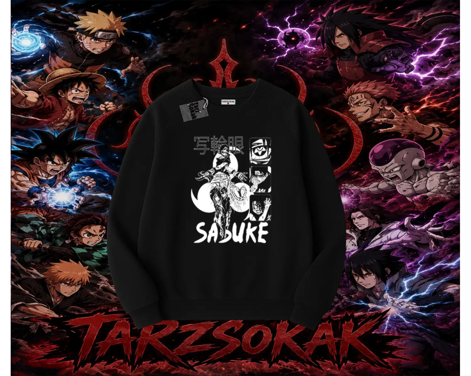 Sasuke uchiha Naruto Anime Karakter Oversize Unisex Bisiklet Yaka Sweatshirt Beyaz