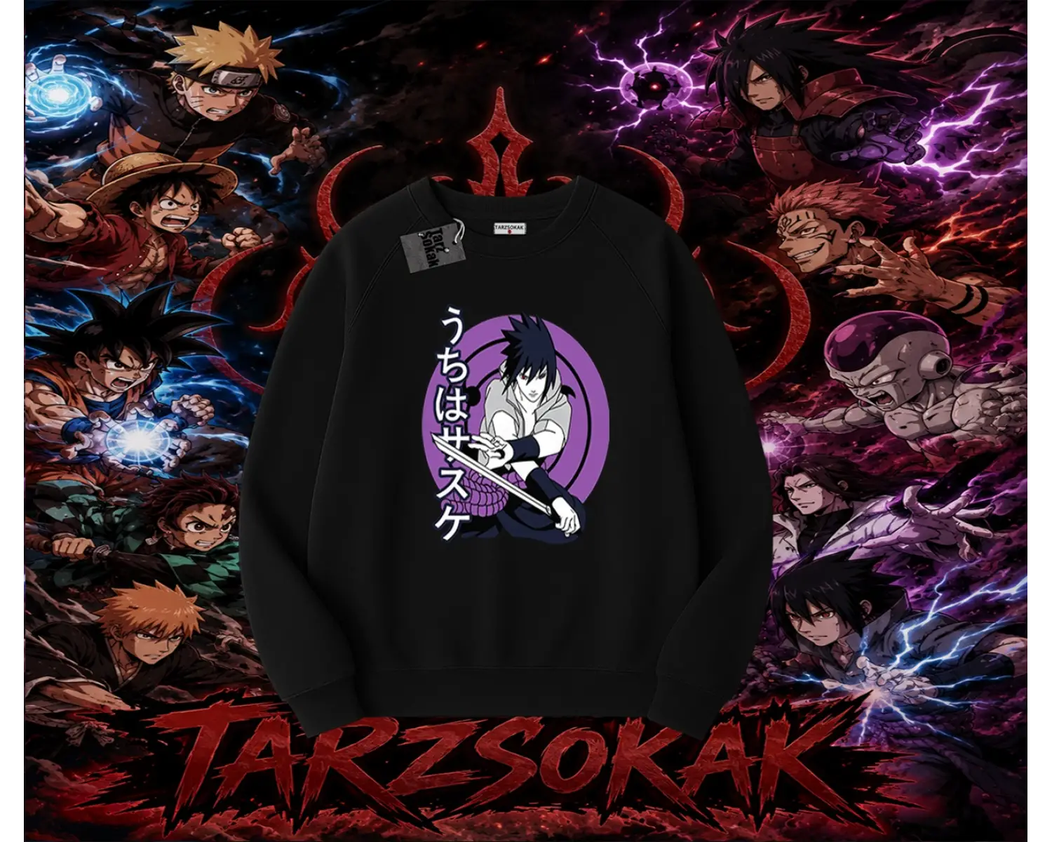 Sasuke uchiha Naruto Anime Karakter Oversize Unisex Bisiklet Yaka Sweatshirt Beyaz
