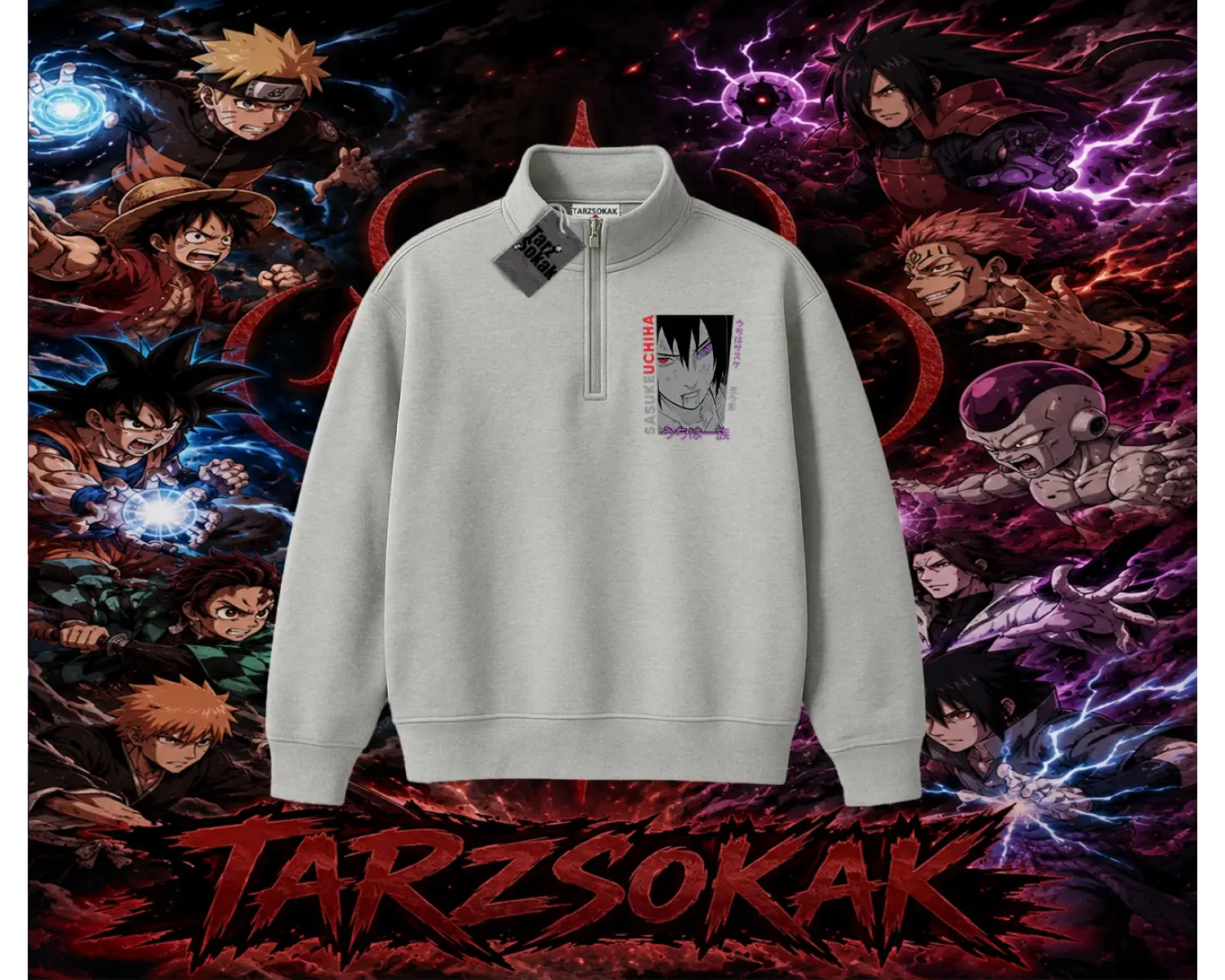 Sasuke uchiha Naruto Anime Karakter Unisex Polo Yaka Yarım Fermuarlı Sweatshirt Beyaz
