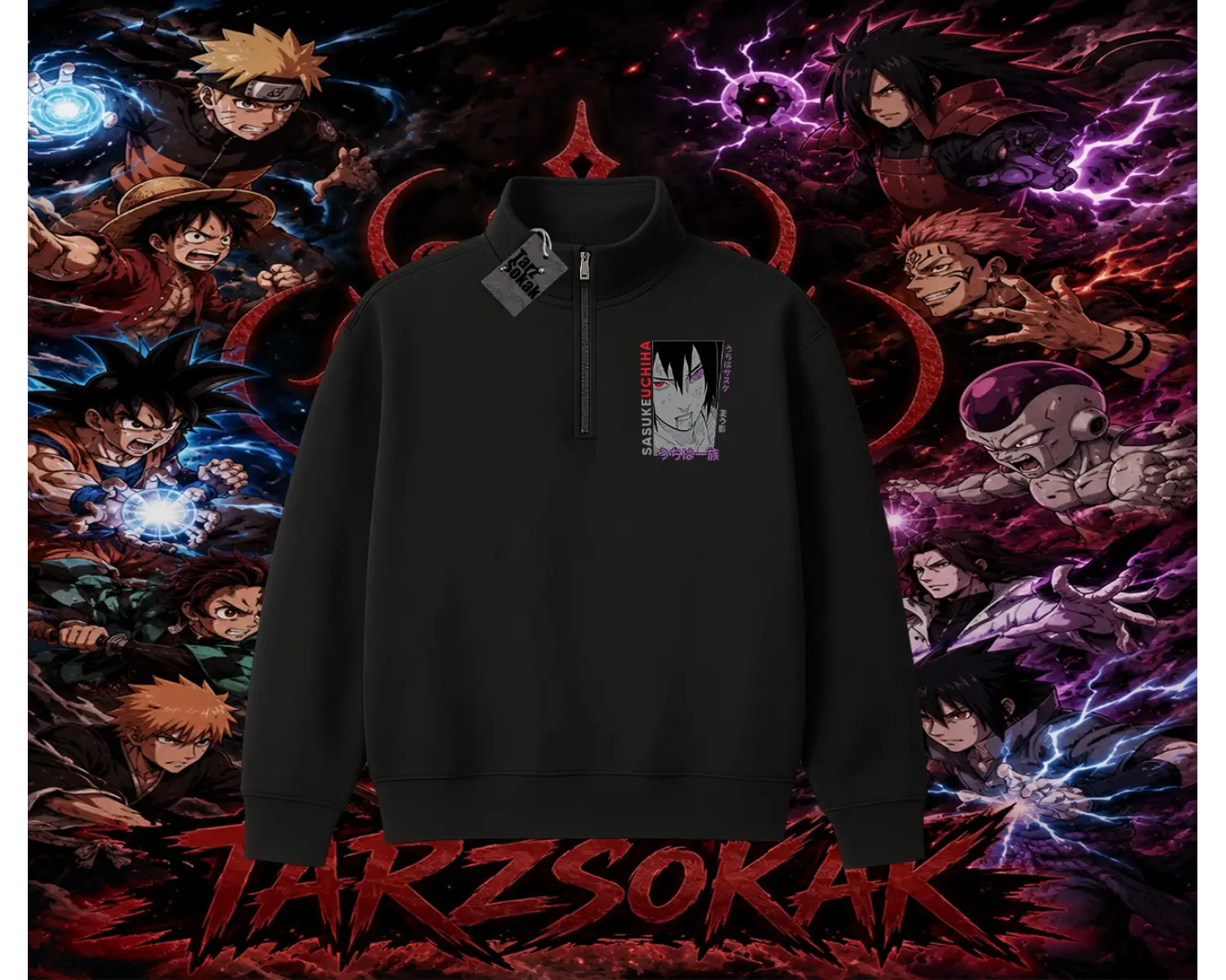 Sasuke uchiha Naruto Anime Karakter Unisex Polo Yaka Yarım Fermuarlı Sweatshirt Beyaz