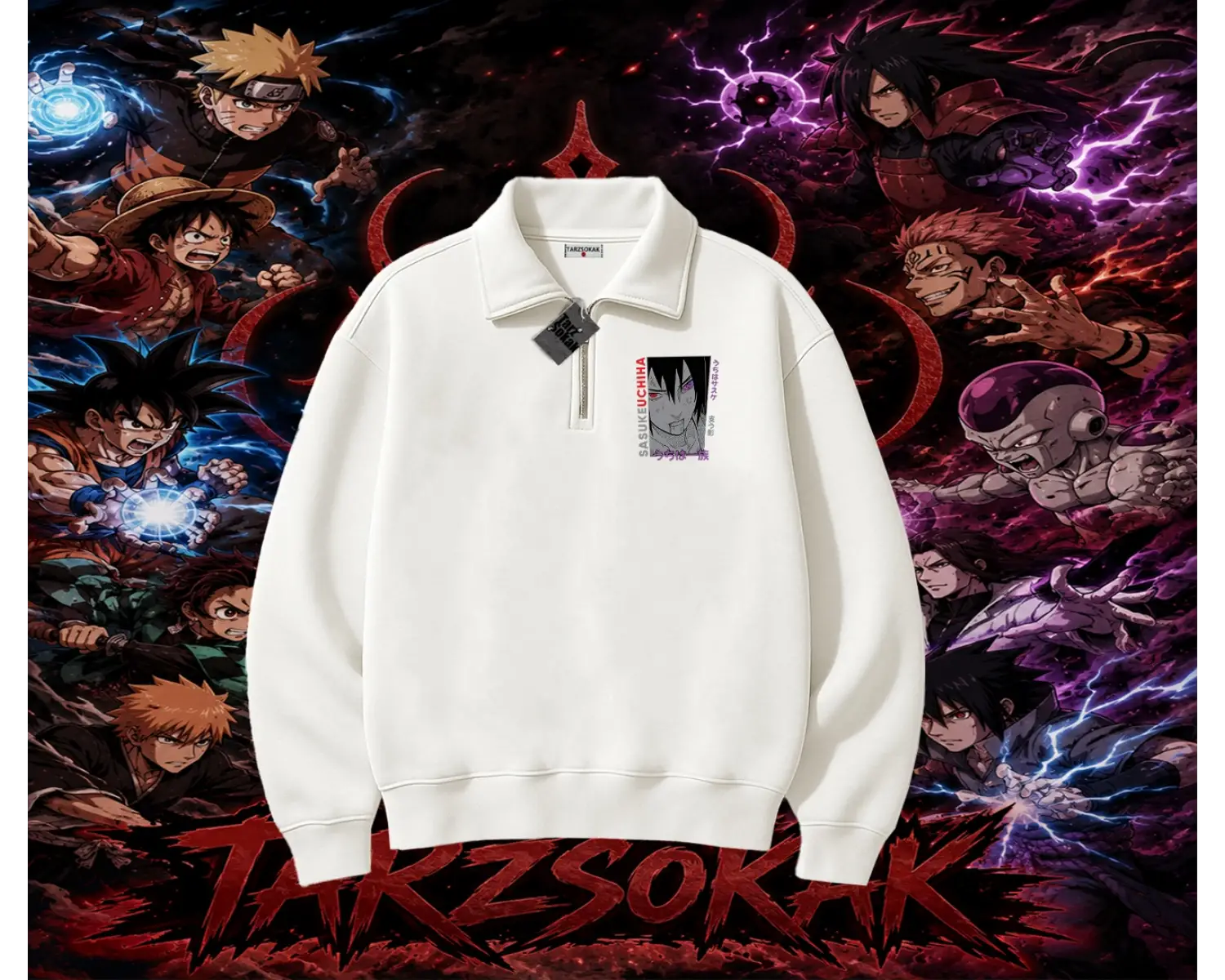 Sasuke uchiha Naruto Anime Karakter Unisex Polo Yaka Yarım Fermuarlı Sweatshirt Beyaz