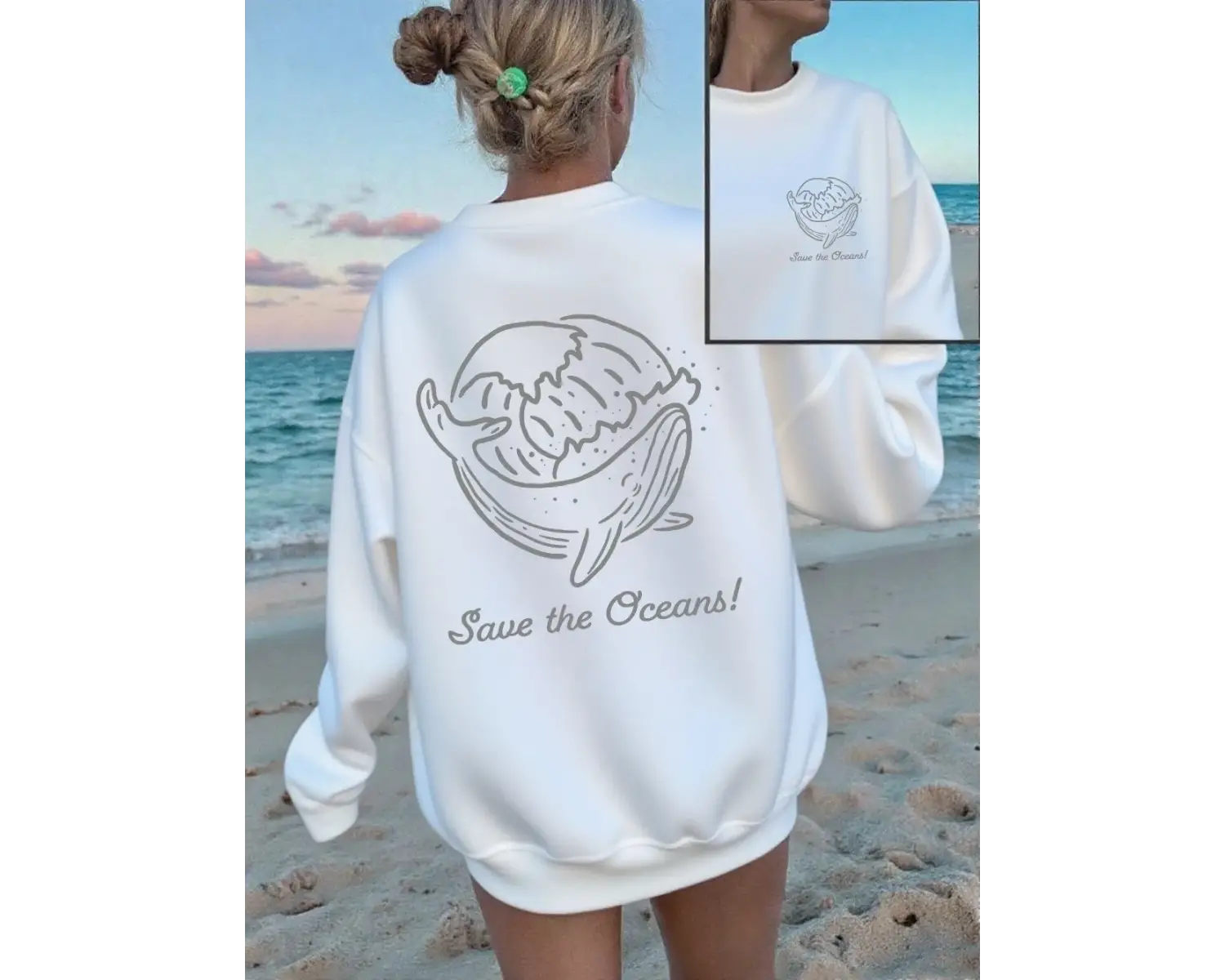 Save The Oceans Balina Baskılı Sweatshirt Kadın Polar Sıcak Kışlık Kapüşonlu Üstler Bol Rahat