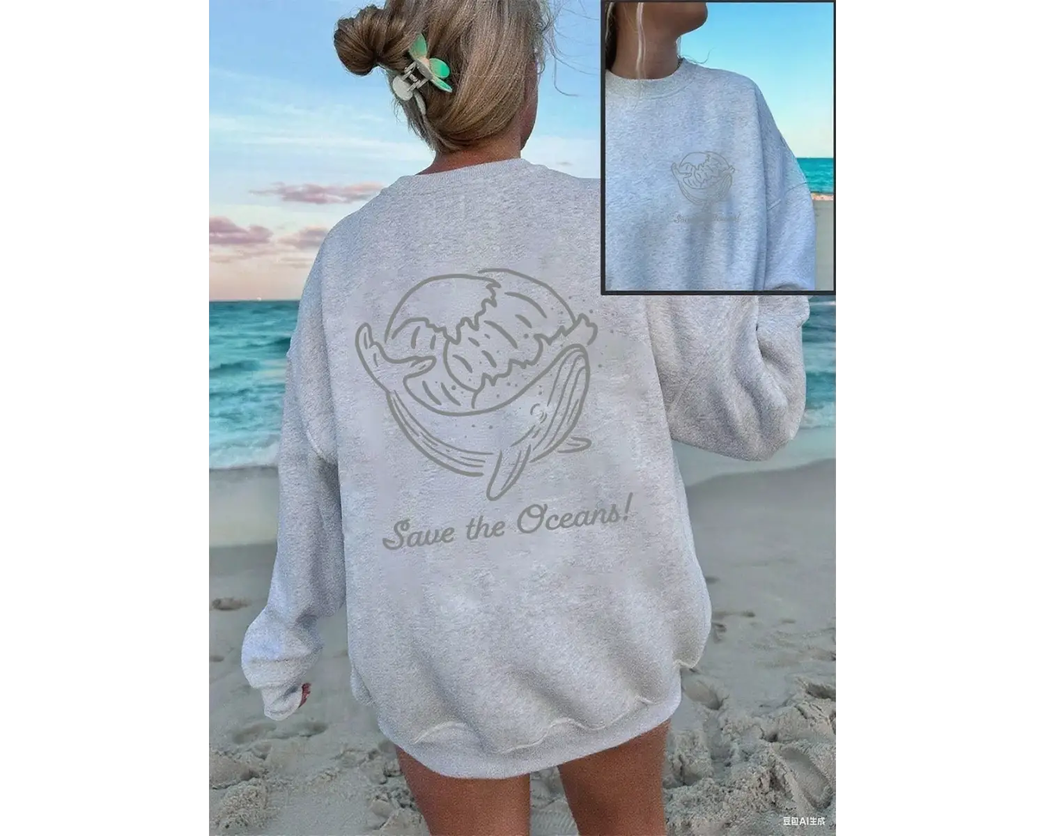 Save The Oceans Balina Baskılı Sweatshirt Kadın Polar Sıcak Kışlık Kapüşonlu Üstler Bol Rahat