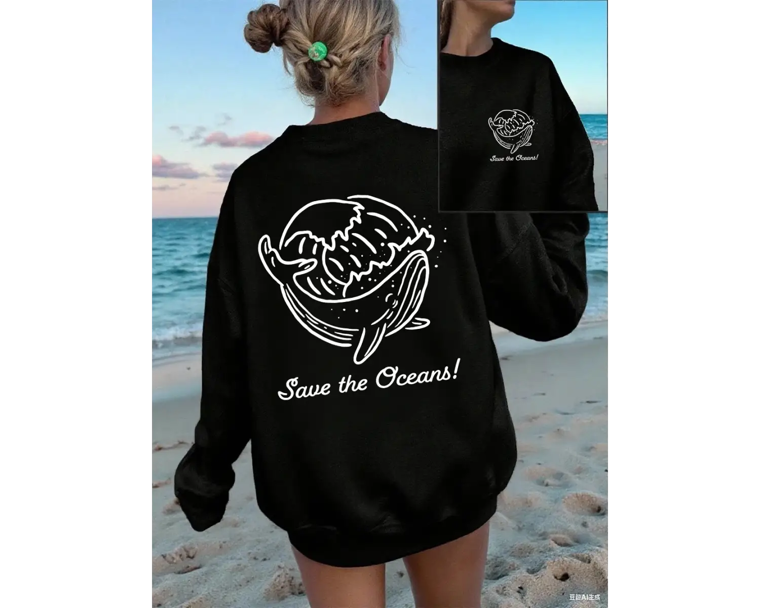 Save The Oceans Balina Baskılı Sweatshirt Kadın Polar Sıcak Kışlık Kapüşonlu Üstler Bol Rahat