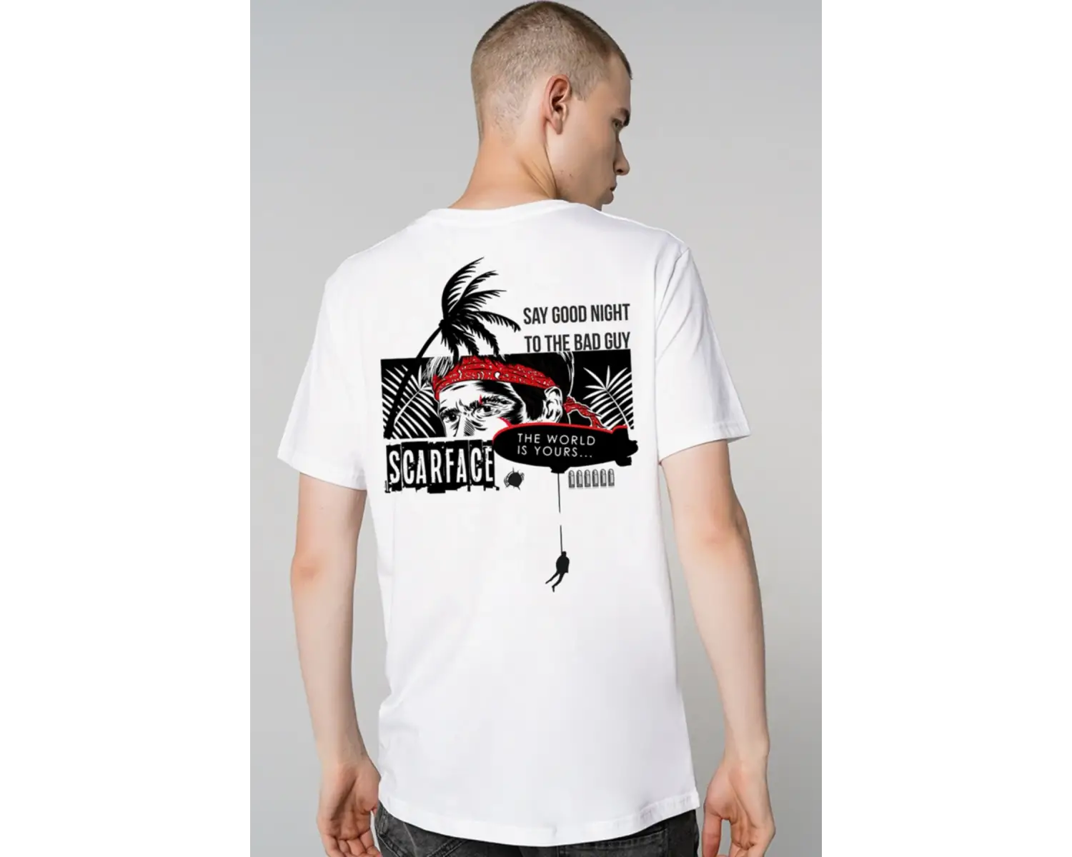 Scarface Yaralı Yüz Movie Sırt Baskılı Tasarım Beyaz Tişört