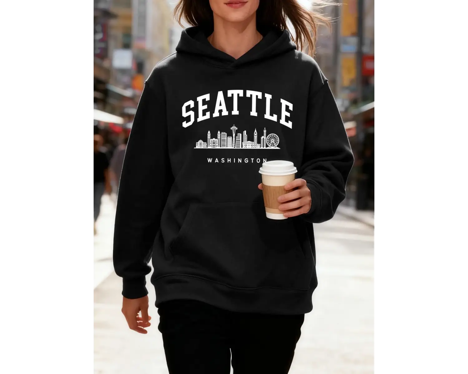 Seattle Washington Mektup Baskılı Kapüşonlular Pamuklu Kadın Sportif Bol Kazaklar Kışlık Pola