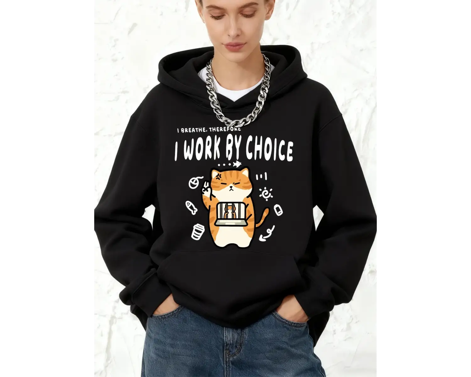 Seçim Yoluyla Çalışıyorum Kedi Baskılı Kapüşonlu Üstler Pamuklu Kadın Koşu Cep Detaylı Kazak