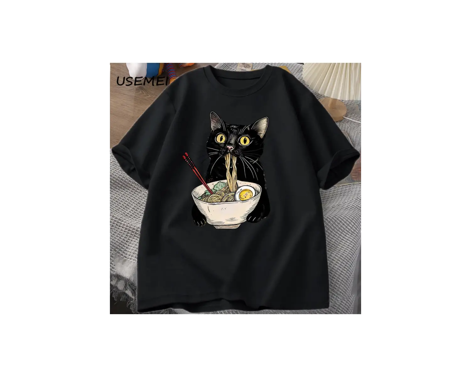 Şehriye Ramen Kedi T-Shirt Foodie Lover T Shirt Siyah Kedi Şehriye T-Shirt Retro Rahat Kısa K 2809