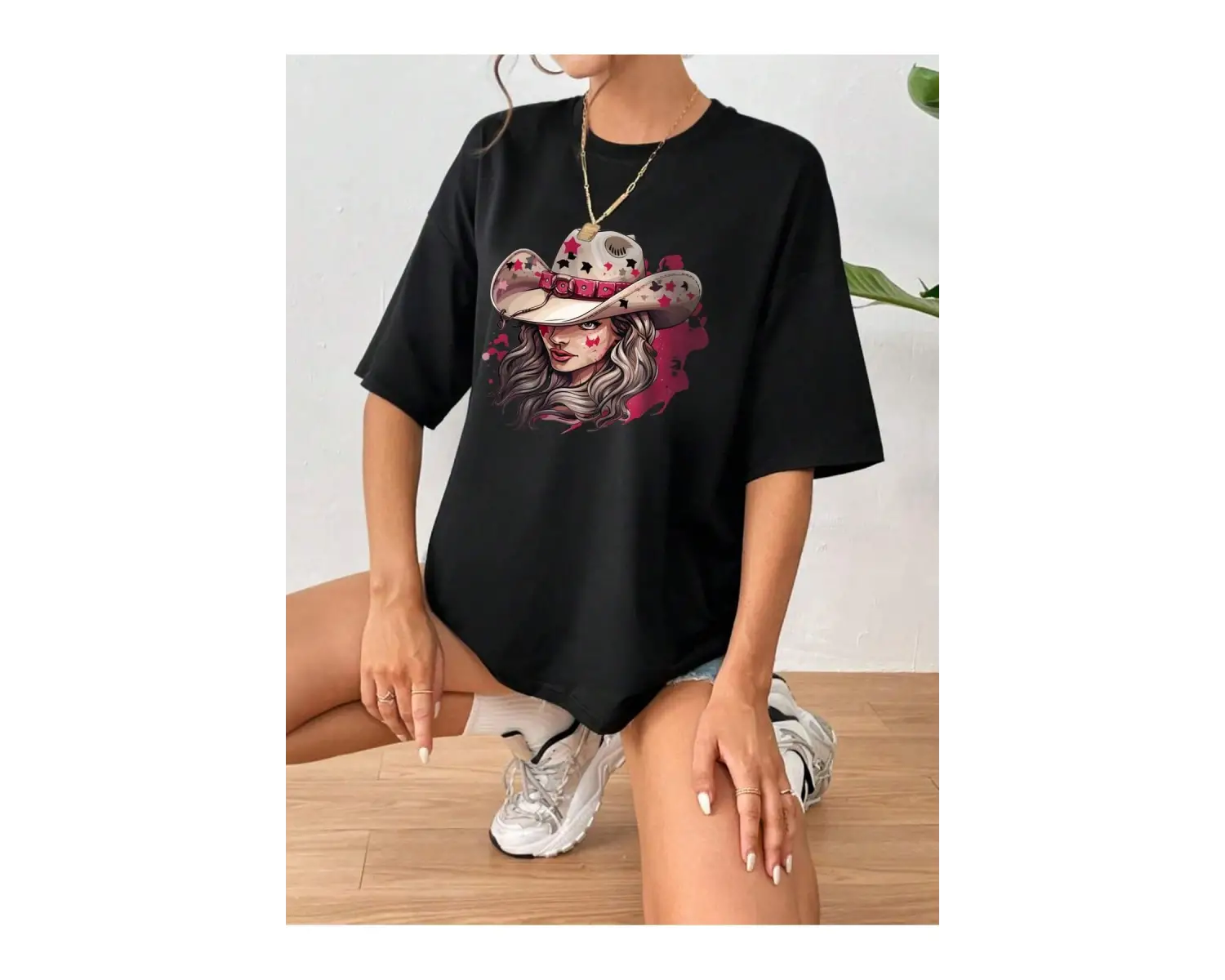 Şekil Grafiği Düşük Omuzlu Tişört