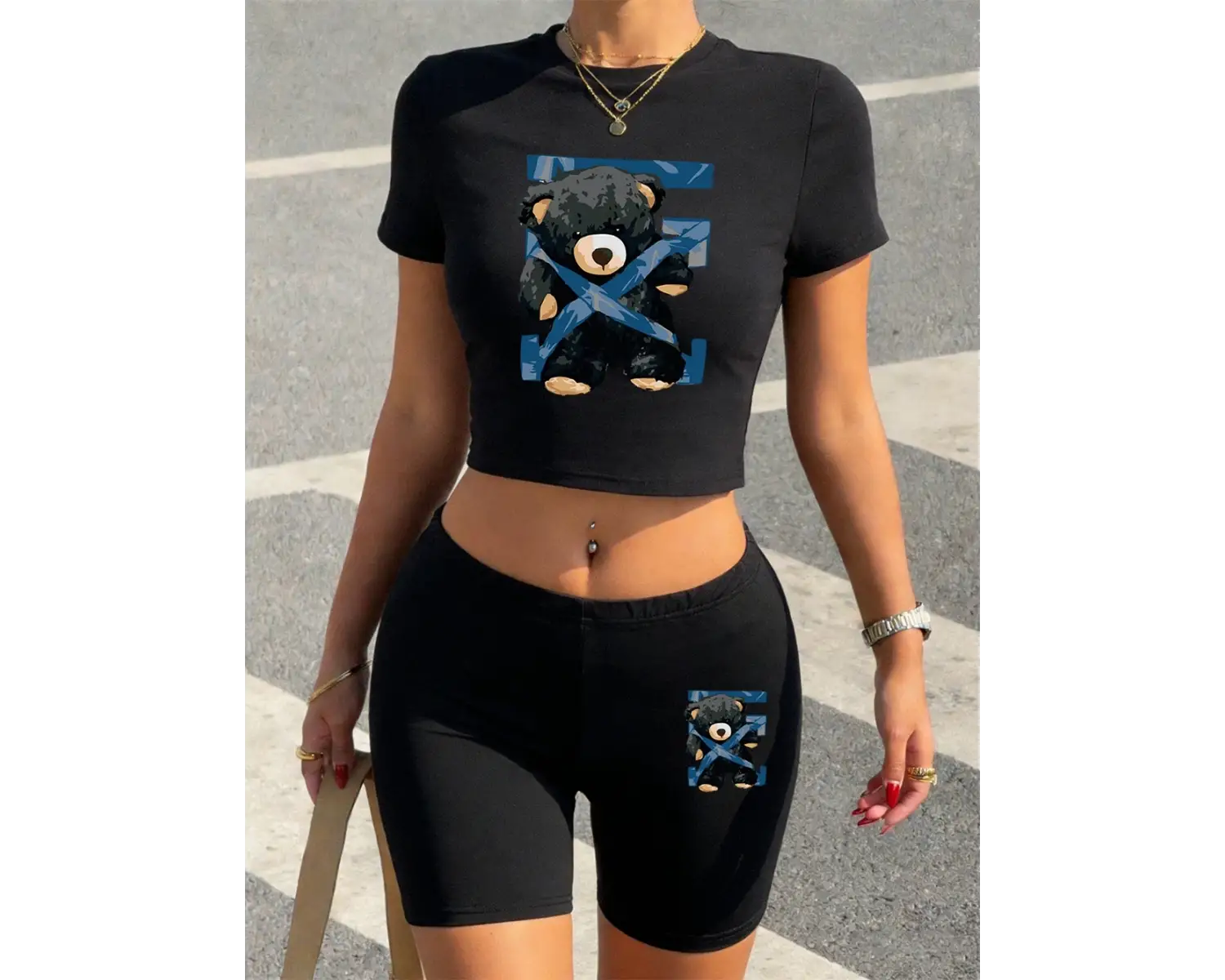 Seksi Bağlı Siyah Ayı Baskılı Babby TeeT-Shirt Şort Kadın Yaz İki Parçalı Set Üstleri Pantolon Yü