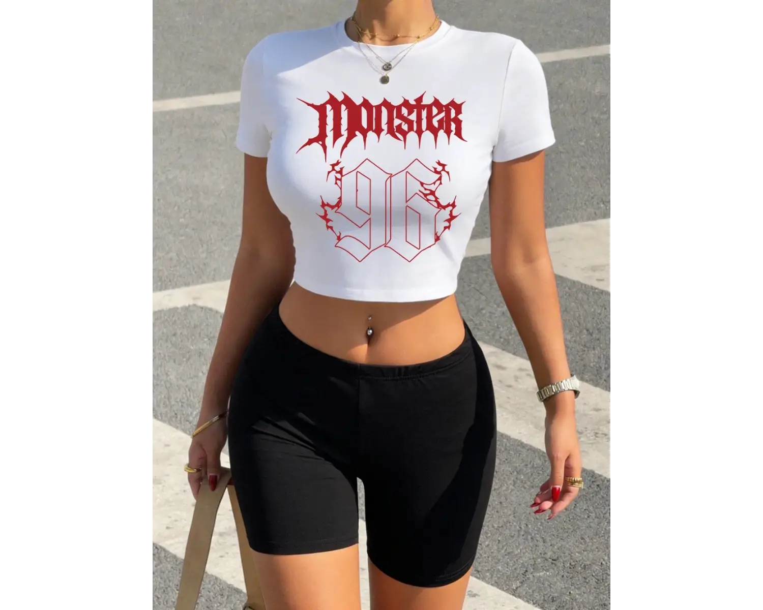 Seksi Canavar Numara 96 Harfli Baskılı Babby TeeTişört Şort Kadın Yazlık İki Parça Takım Üst Pant