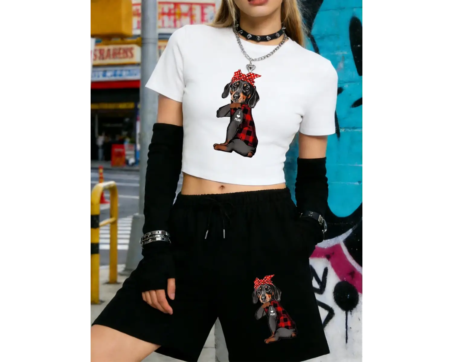 Seksi Fiyonklu Köpek Ben Annemi Seviyorum Baskılı Babby TeeTişört Şort Kadın İki Parça Takım Diz