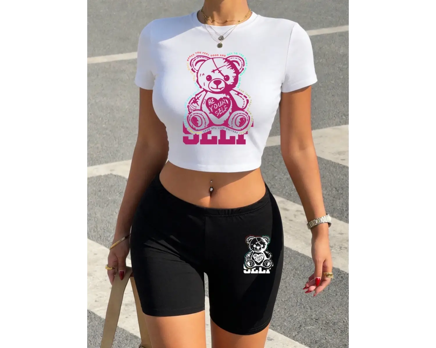 Seksi Kendin Ol Pembe Kalp Baskılı Babby TeeTişört Şort Kadın İki Parçalı Takım Üst Pantolon Yüks