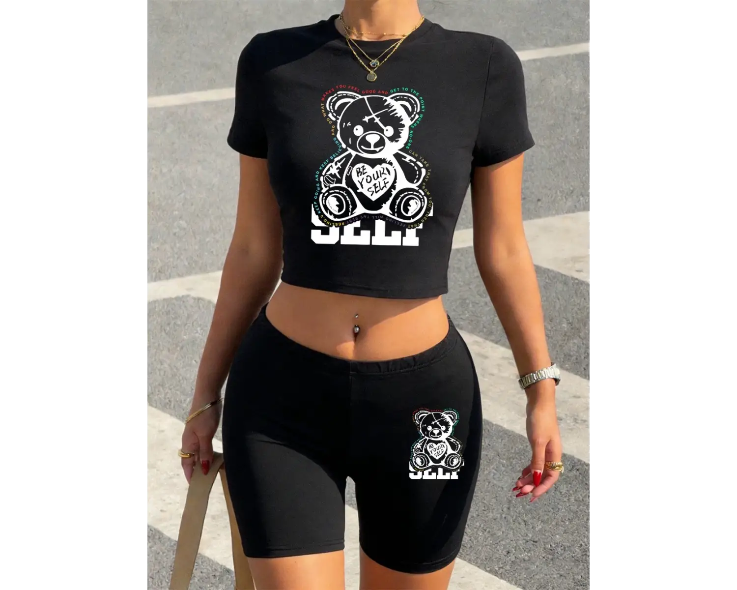 Seksi Kendin Ol Pembe Kalp Baskılı Babby TeeTişört Şort Kadın İki Parçalı Takım Üst Pantolon Yüks