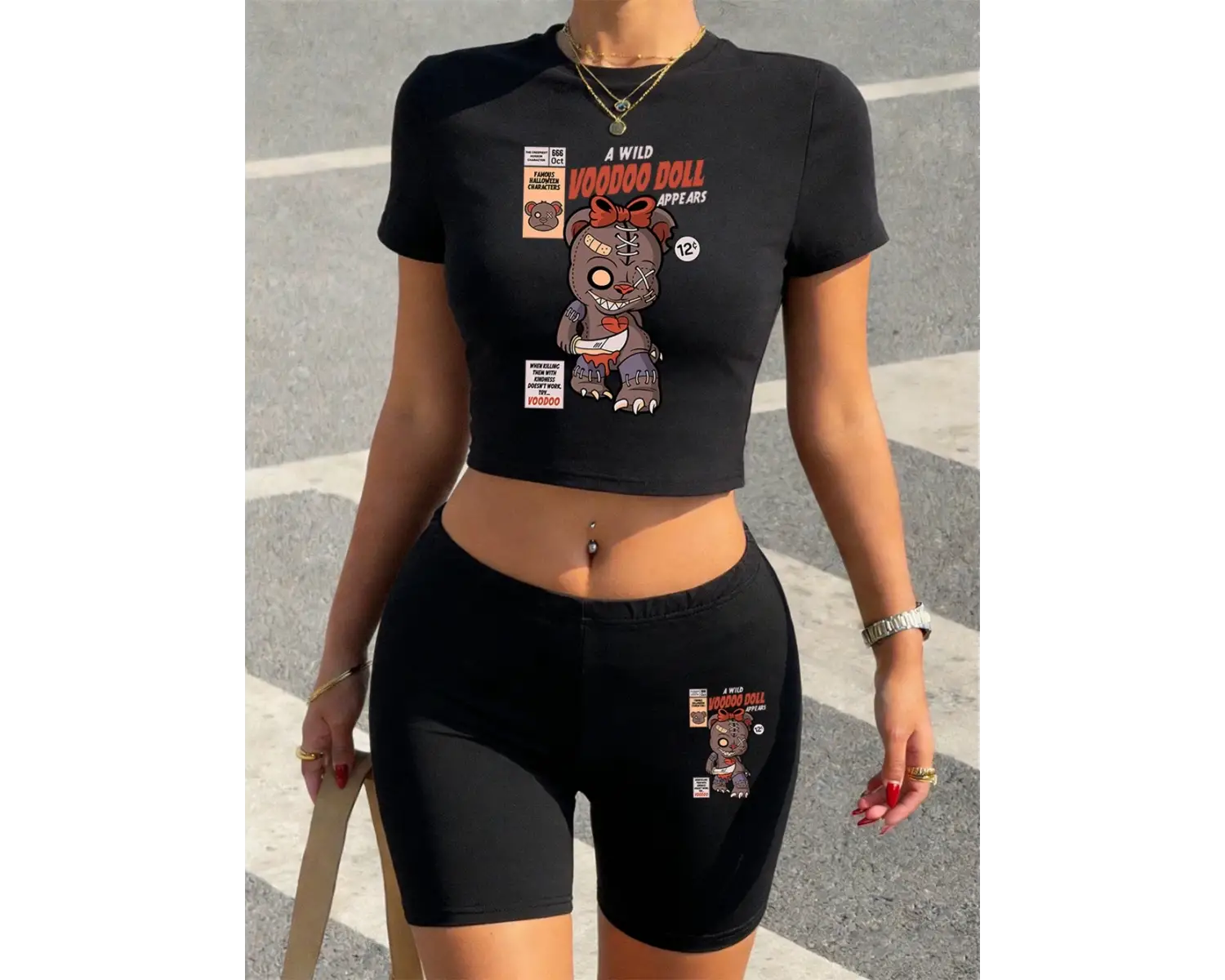 Seksi Komik Oyuncak Ayı Baskılı Babby Tee Şort Kadın Yazlık İki Parça Takım Tişört Pantolon Yü