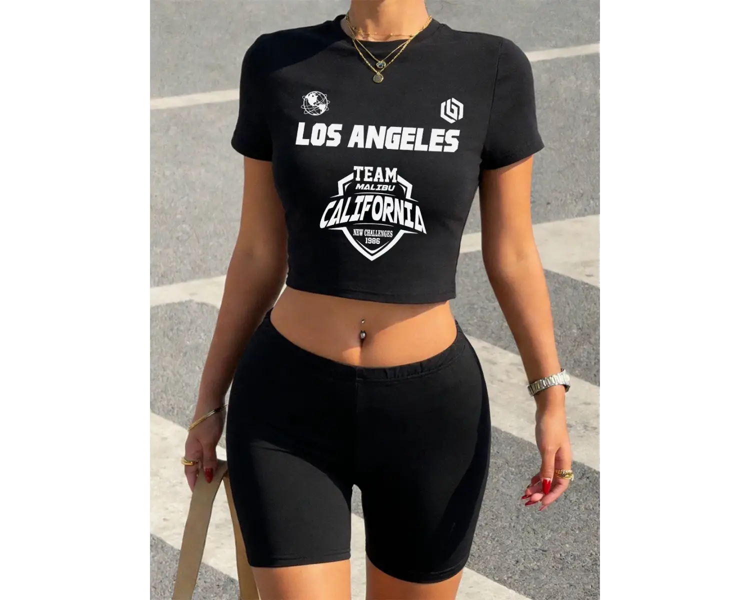 Seksi Los Angeles Kaliforniya Takımı Baskılı Babby Teelar Şortlar Kadın Yazlık İki Parçalı Set