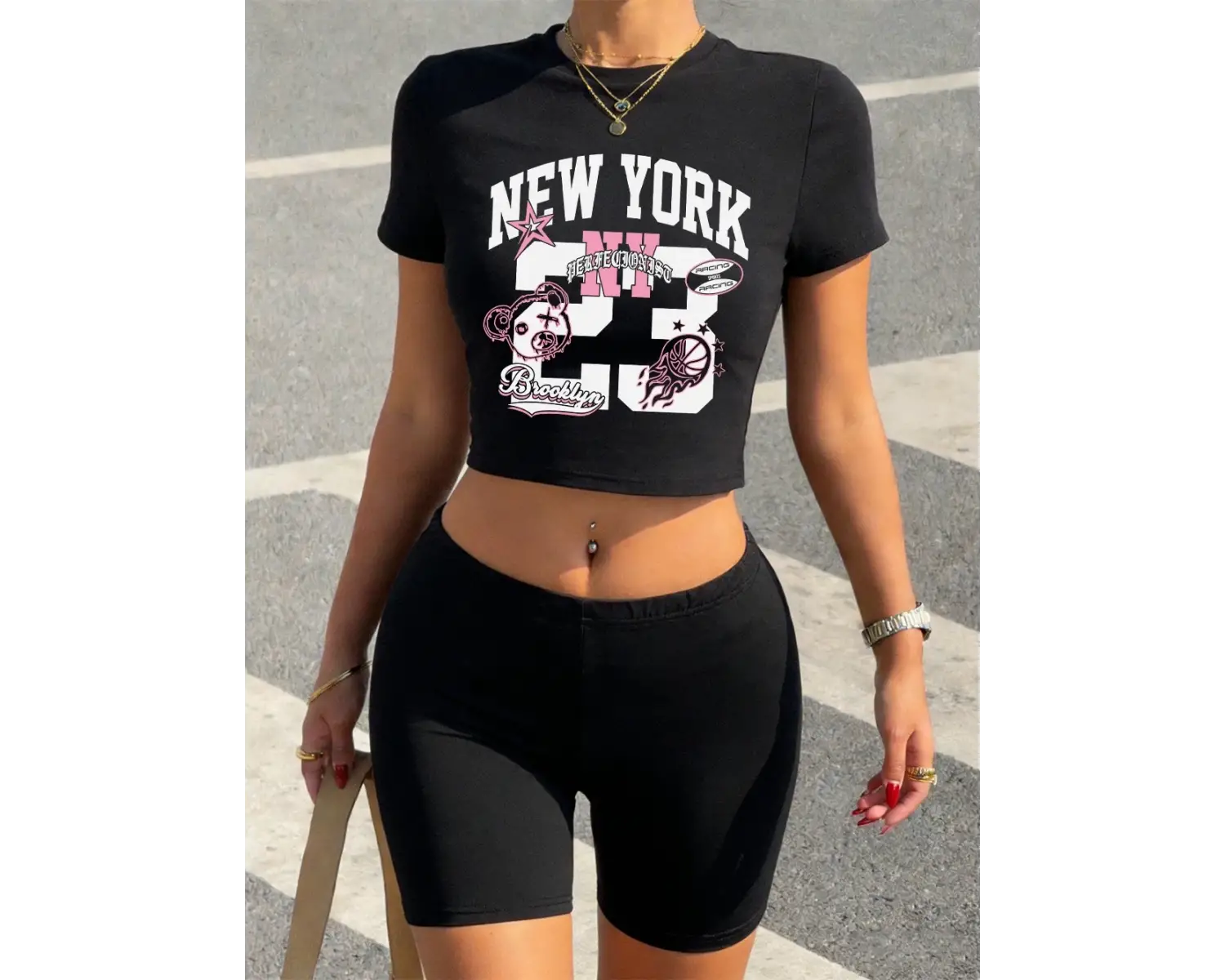 Seksi New York 23 Yaratıcı Baskılar Kırpma Üstleri Şort Kadın İki Parçalı Set T-Shirt Pantolo