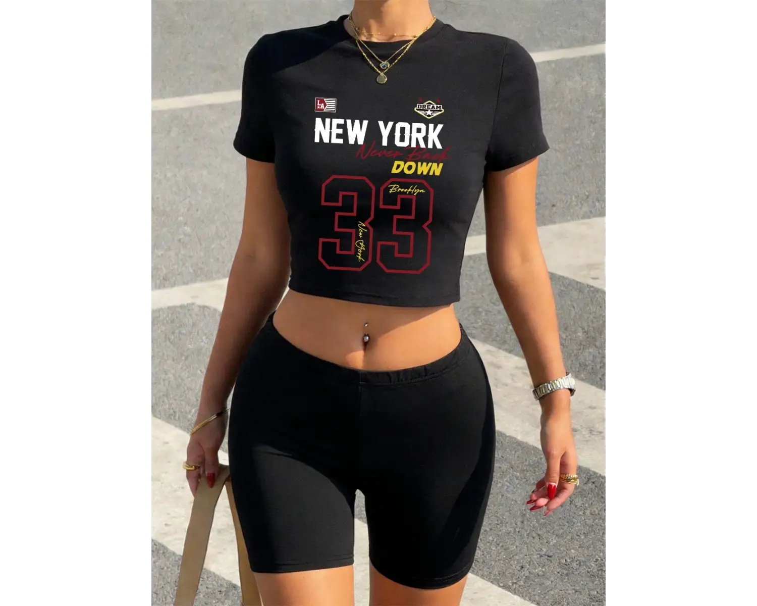 Seksi New York Never Back Down 33 Baskılı Babby TeeT-Shirt Şort Kadın İki Parçalı Takım Üst Panto