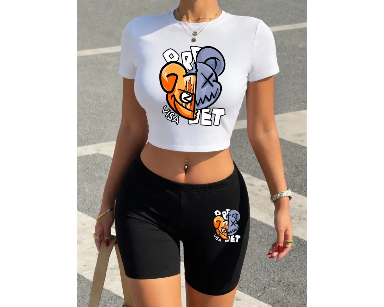 Seksi Oyuncak Ayı Kafası Baskılı Babby TeeTişört Şort Kadın İki Parça Takım Üst Pantolon Dar Kesi