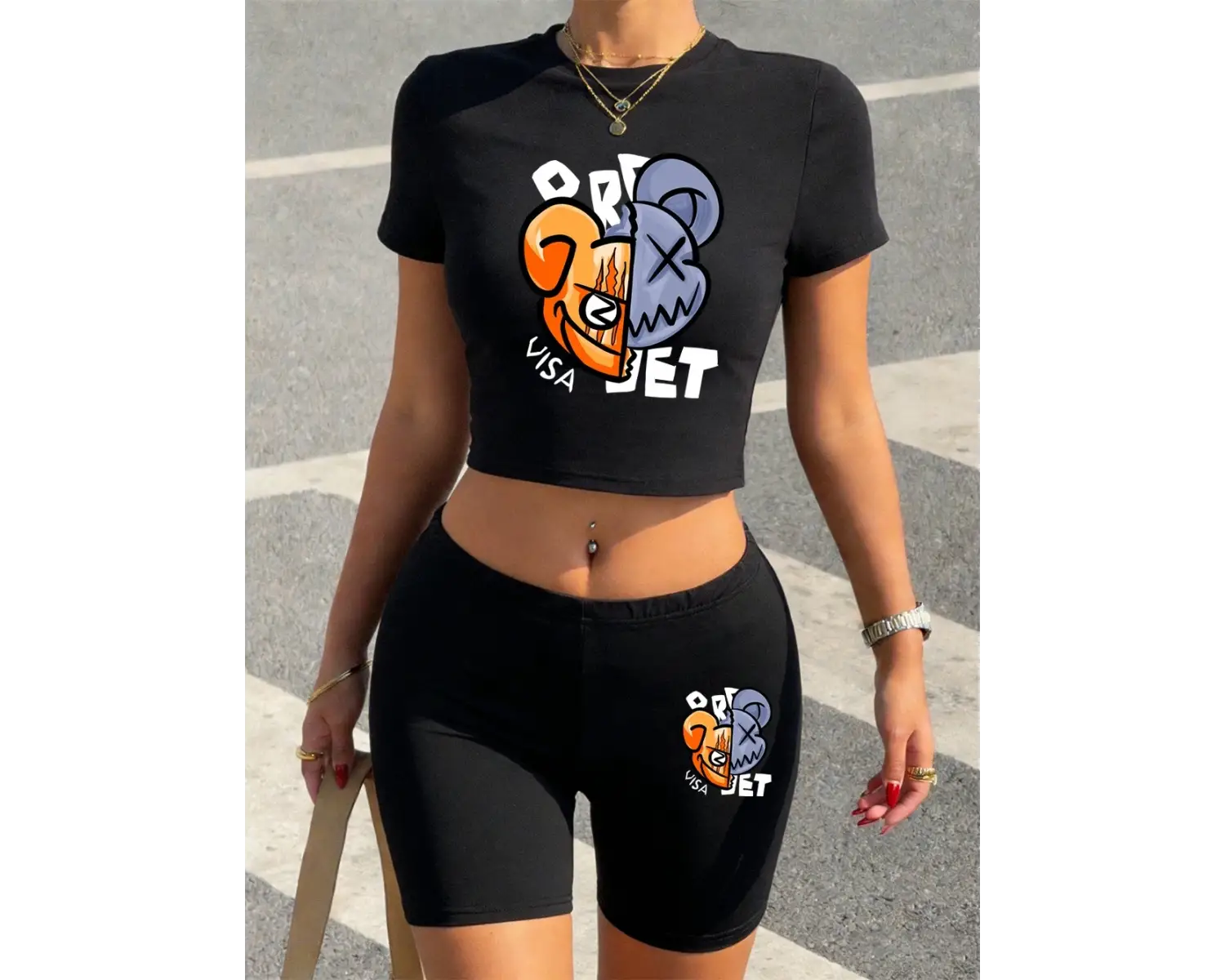 Seksi Oyuncak Ayı Kafası Baskılı Babby TeeTişört Şort Kadın İki Parça Takım Üst Pantolon Dar Kesi