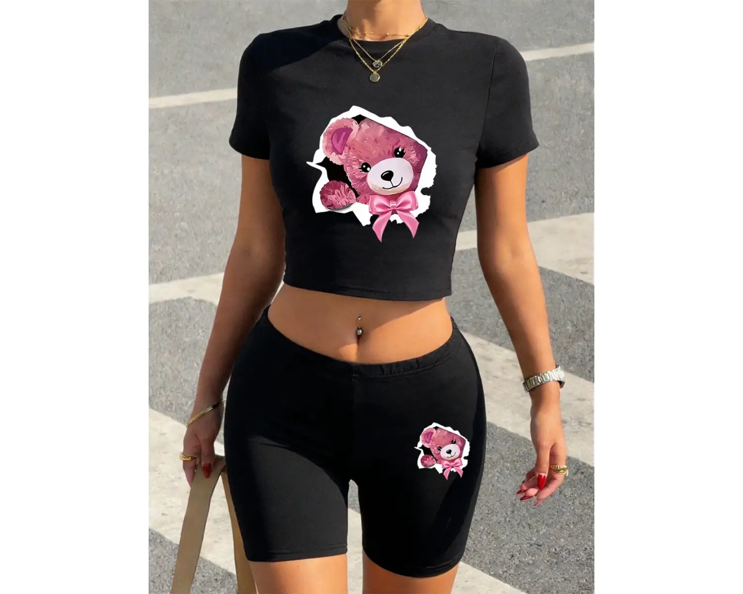 Seksi Pembe Fiyonklu Kırık Kabuklu Ayı Baskılı Babby TeeTişört Şort Kadın İki Parçalı Takım Üst P