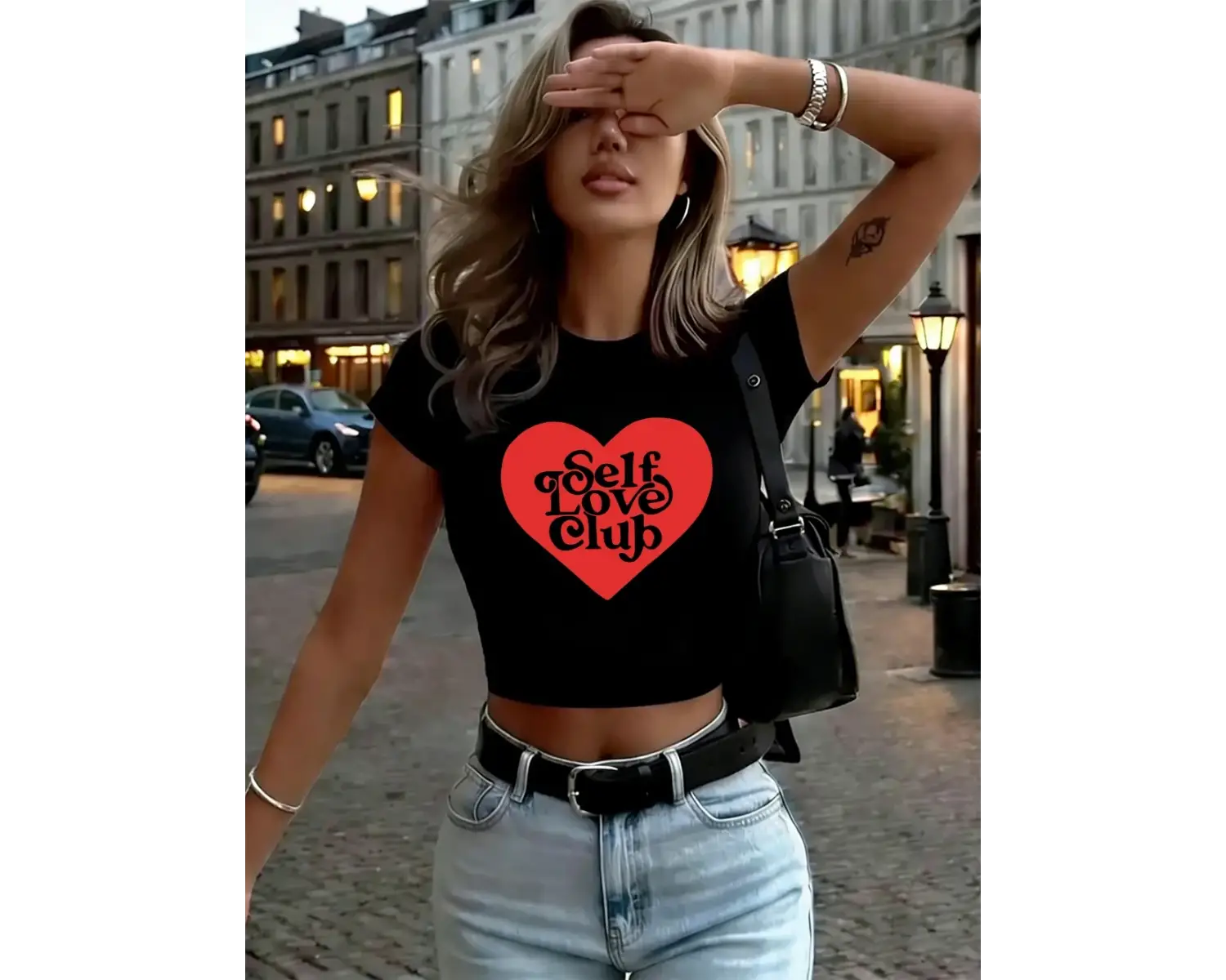 Self Love Club Kalp Baskı Bayan Babby TeeT-Shirt Yaz Yumuşak Yüksek Elastik Üstler Y2K İnce Sokak