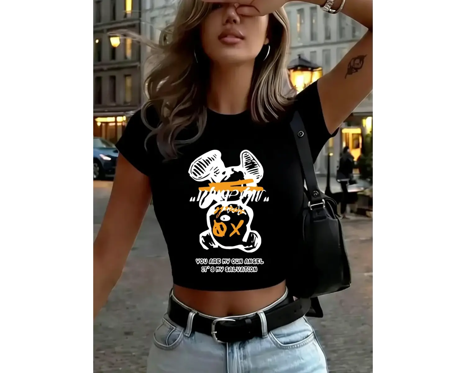 Sen benim meleğin misin Karikatür Ayı Baskılı Kadın Babby Tee Yazlık Yuvarlak Yaka Dar Kesim T