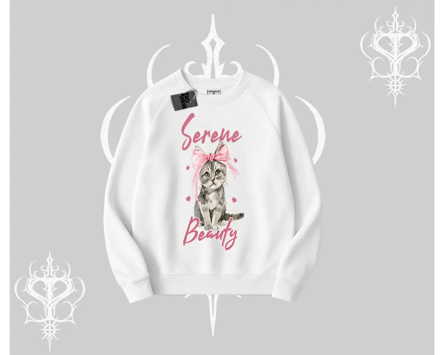 Serene Beauty Kedi Baskılı  Biskilet Sweatshirt