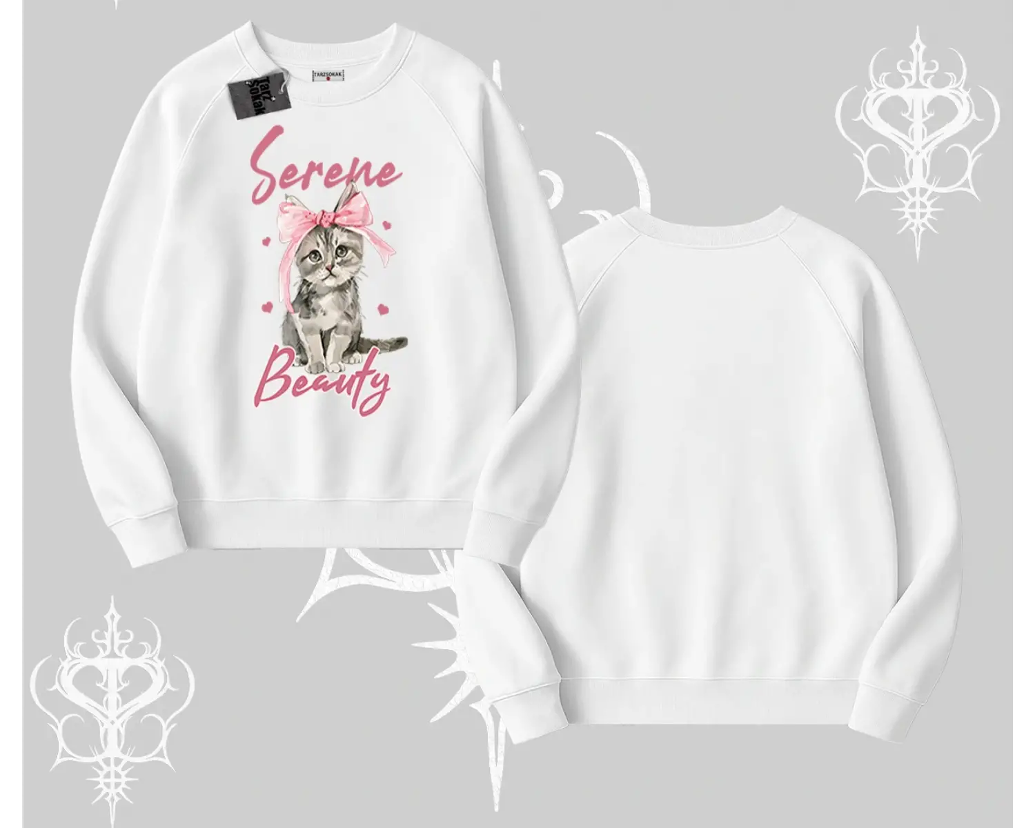 Serene Beauty Kedi Baskılı  Biskilet Sweatshirt