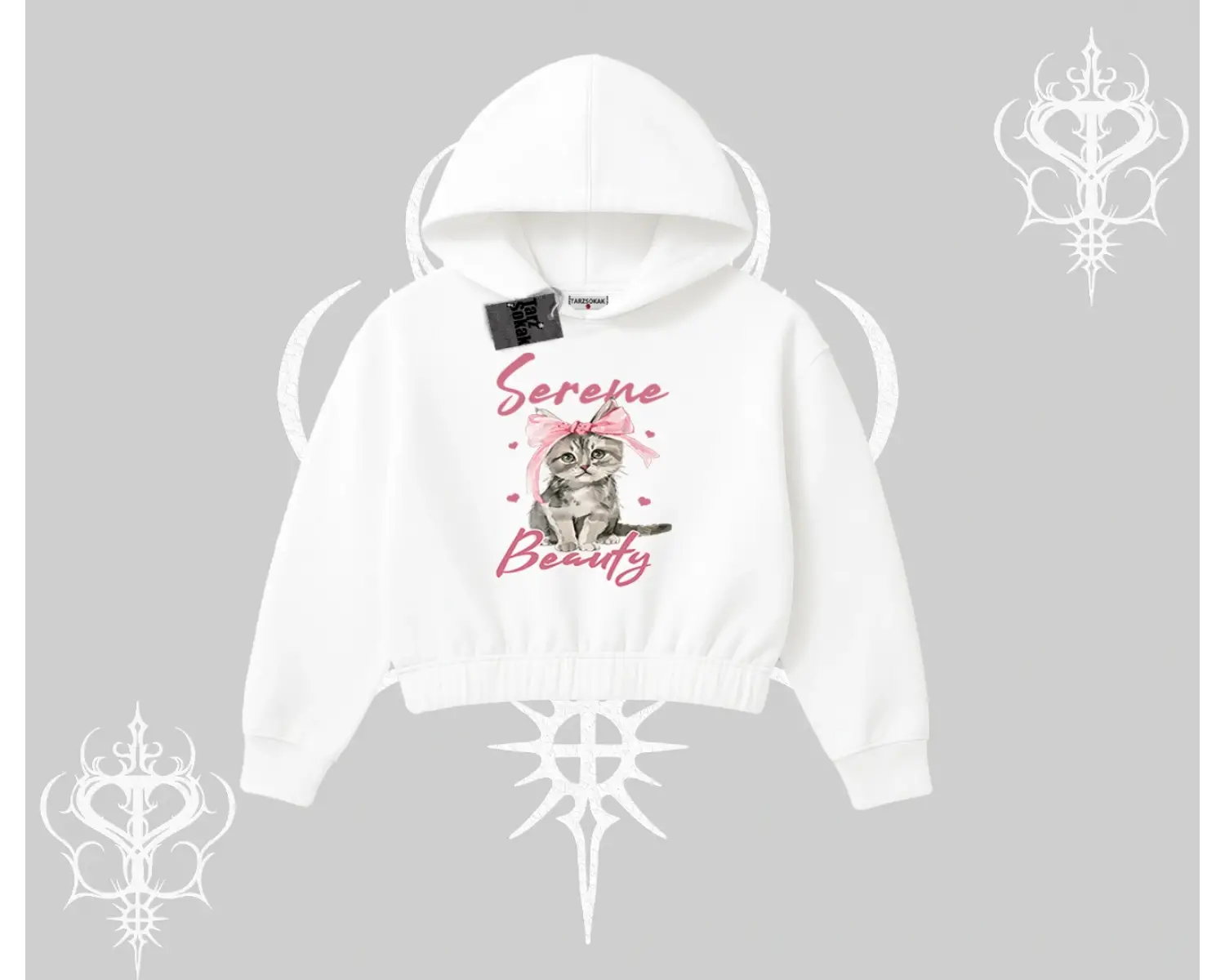 Serene Beauty Kedi Baskılı  Kapşonlu Crop Sweatshirt