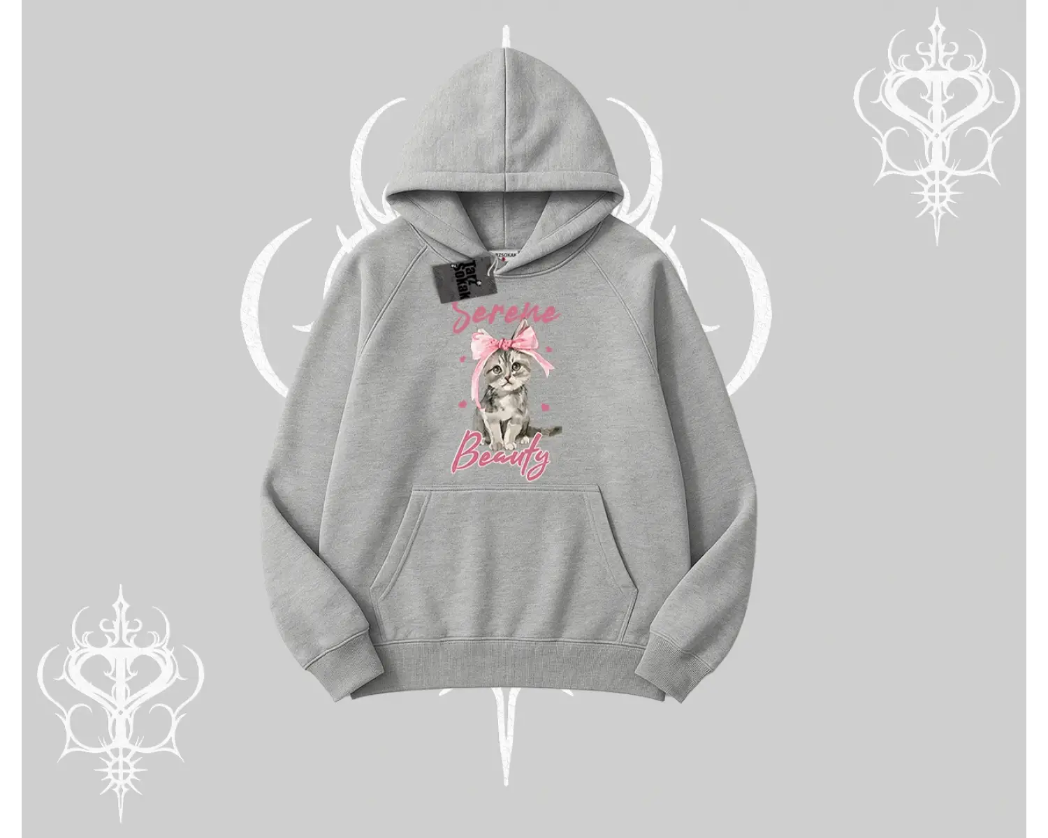 Serene Beauty Kedi Baskılı  Kapşonlu Sweatshirt