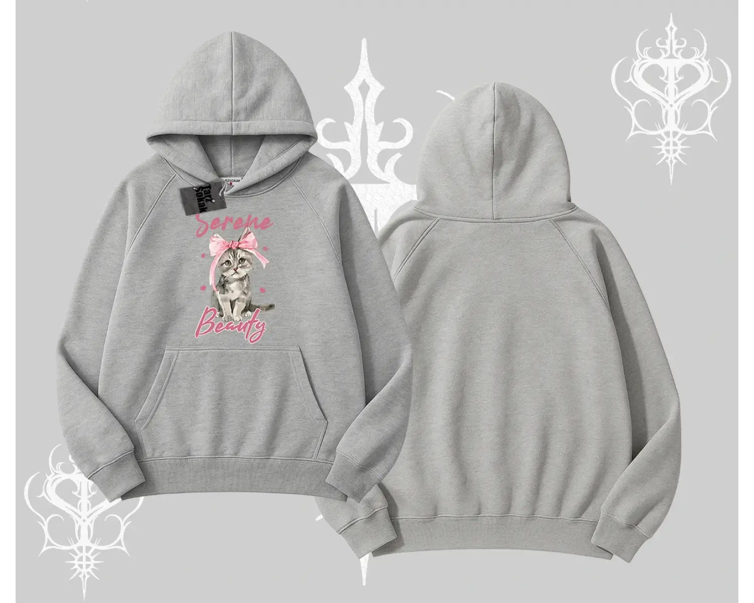 Serene Beauty Kedi Baskılı  Kapşonlu Sweatshirt