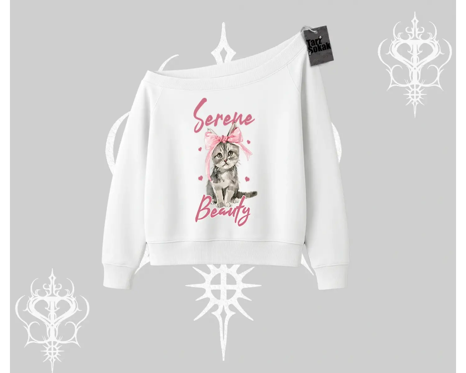 Serene Beauty Kedi Baskılı  Kayık Yaka Sweatshirt