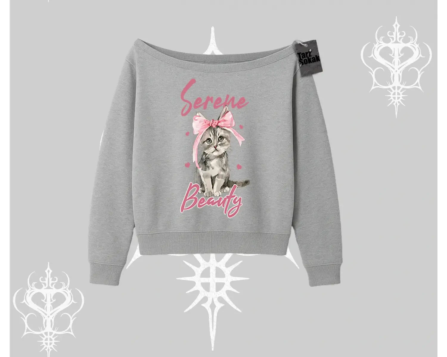Serene Beauty Kedi Baskılı  Kayık Yaka Sweatshirt