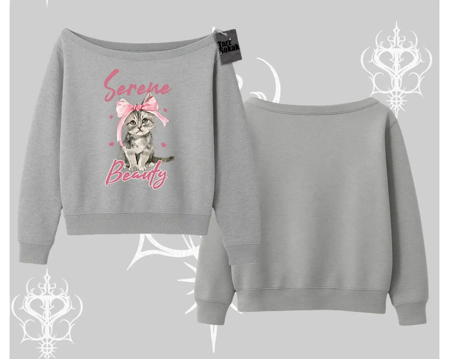 Serene Beauty Kedi Baskılı  Kayık Yaka Sweatshirt
