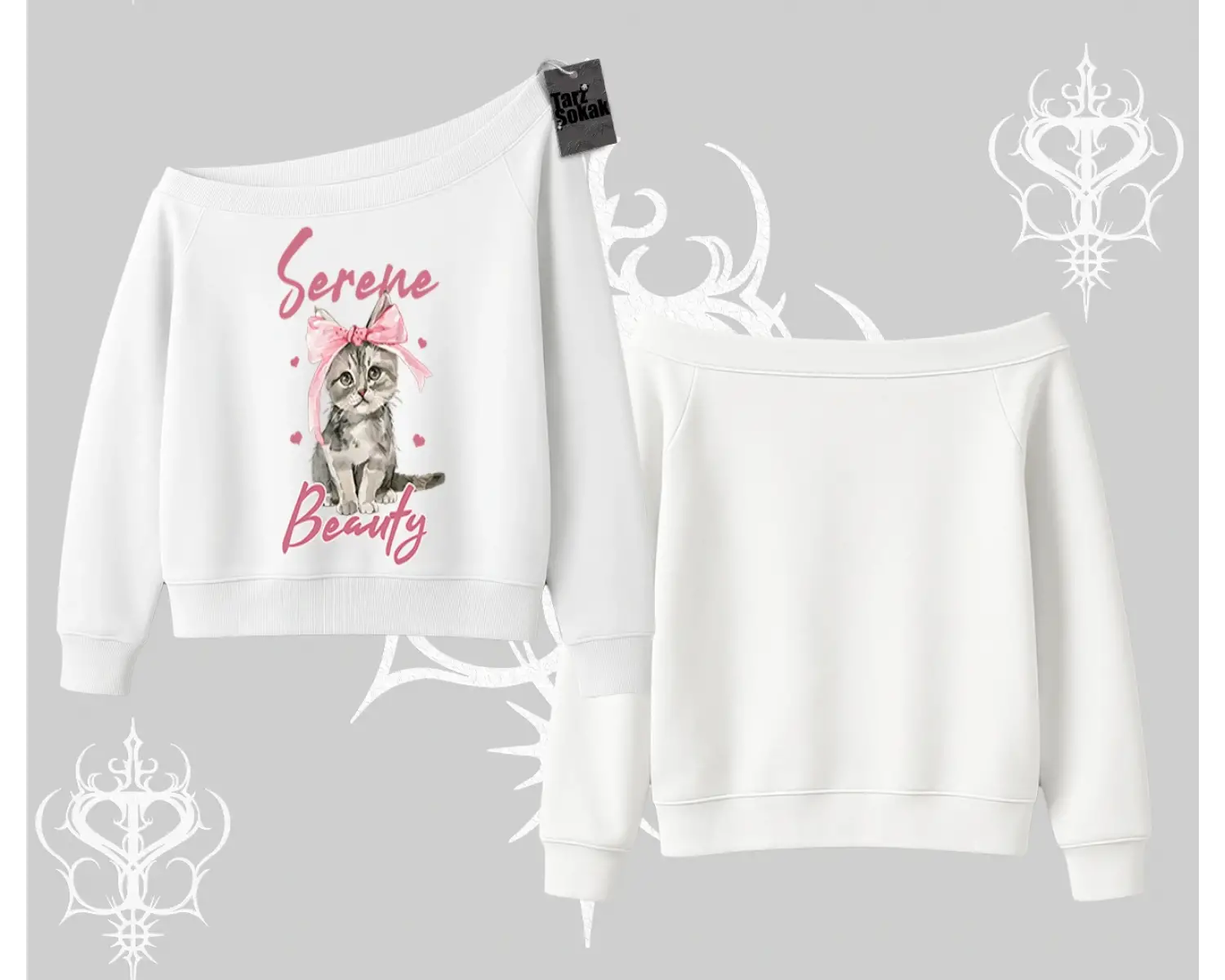 Serene Beauty Kedi Baskılı  Kayık Yaka Sweatshirt